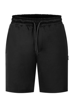 Sorte shorts lavet af glat stof, med en elastisk talje og snorelukning, sidelommer og lige snit.