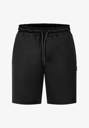 Sorte shorts lavet af glat stof, med en elastisk talje og snorelukning, sidelommer og lige snit.