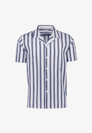 Kortærmet skjorte med knapper og væsentlige skiftevis lodrette striber i marineblå og hvid, en camp-krave og et blødt bomuldsblandingsstof.