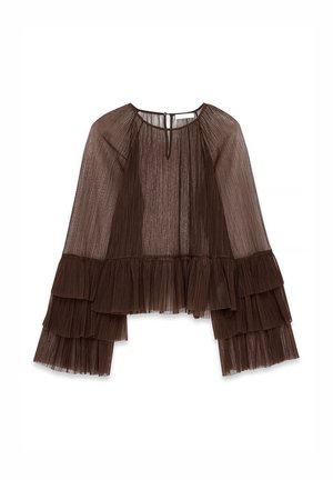 Brown, pleated blouse with long sleeves, featuring layered ruffles at hem and a round neckline with a keyhole back closure.