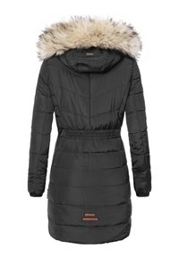 Black puffer coat featuring a faux fur-lined hood, elastic waist, long sleeves, and horizontal stitching for texture.
