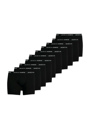 Tien paar zwarte herenboxershorts met "JACK & JONES" in het wit op de tailleband gedrukt, gerangschikt in een diagonale lijn.