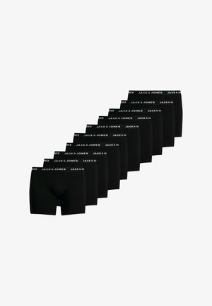 Dieci paia di boxer neri da uomo con la scritta "JACK & JONES" stampata in bianco sulla cintura, disposti in una linea diagonale.