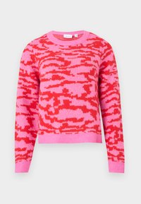 Pink sweater featuring a red abstract pattern, crew neckline, long sleeves, and ribbed hem. Made from soft knitted fabric.