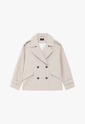 Beige Doppelreiher-Jacke mit breiten Revers, zwei Seitentaschen, Ärmelriemen und dunklen Knöpfen; aus glattem Stoff mit strukturierter Passform.