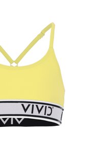 Keltainen urheiluliivi, jossa on musta-valkoinen elastinen nauha, jossa on "VIVID" logo. Muotoilu sisältää ristikkäiset hihnapatterit takana.
