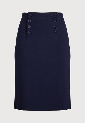 Námornícka ceruzková sukňa vyrobená z hladkej látky, s šiestimi ozdobnými guľatými gombíkmi pozdĺž prednej časti a jemnými bočnými švami.