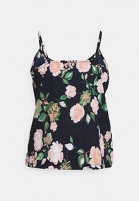 Svart blommig camisole med justerbara spaghettiband, prydd med stora rosa och gröna blommor på en strukturerad tyg.