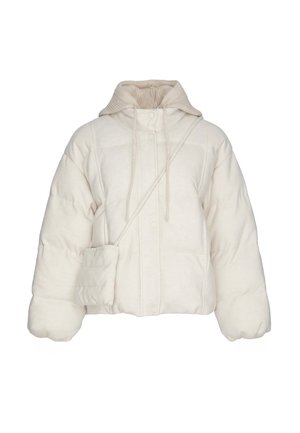 Crèmekleurig donsjack met een hoge kraag, vastgemaakte capuchon met koordjes, drukknoopsluiting en een kleine bijpassende crossbodytas.