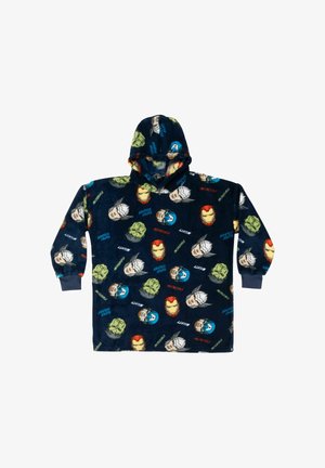 Hoodie-Deckenpullover mit blauem Hintergrund und verschiedenen Superheldengesichtern, darunter Iron Man und Hulk, in bunten Drucken.