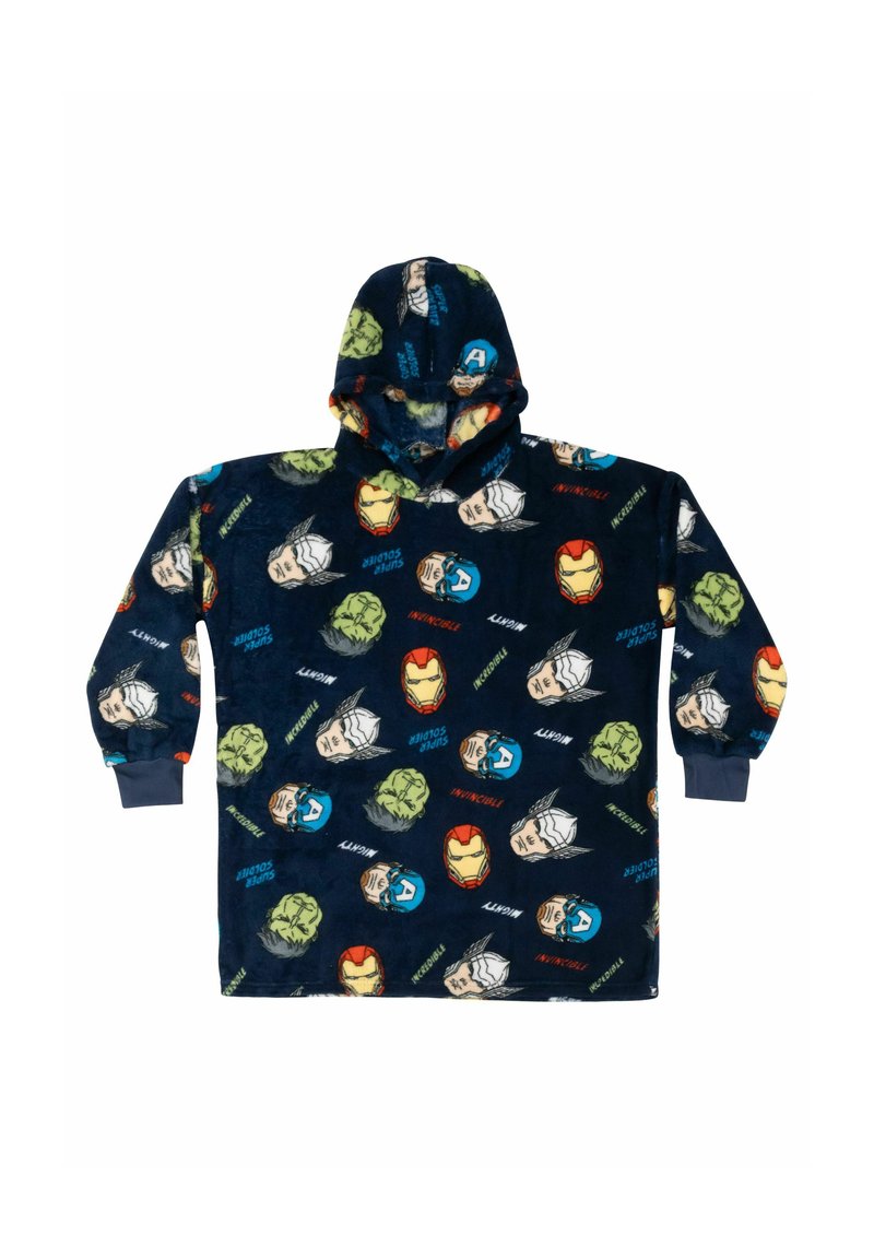 Felpa con cappuccio e coperta in pile con sfondo blu e vari volti di supereroi, tra cui Iron Man e Hulk, in stampe colorate.