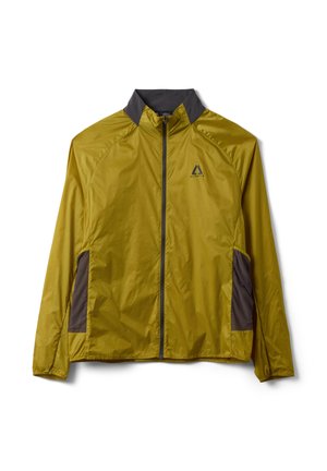 Giacca leggera verde oliva con colletto e pannelli laterali grigio scuro, zip frontale completa e piccolo logo Altavia sul petto.
