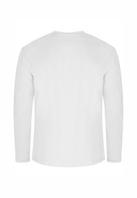Langarm-T-Shirt aus weißer Baumwolle mit Rundhalsausschnitt und geradem Saum. Glatte Textur mit minimalen Nähten an den Ärmeln.