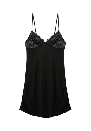 Schwarzes Satinkleid mit Spitzendetails am Bustier und dünnen verstellbaren Schulterträgern.