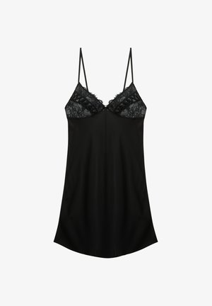 Abito sottoveste in satin nero con dettagli in pizzo sul busto e spalline sottili regolabili.