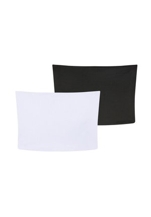 Due tubi in tessuto rettangolari, uno nero e uno bianco, sovrapposti su uno sfondo bianco semplice.