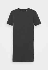 Svart bomulls t-shirt klänning med korta ärmar, rund halsringning och rak skärning, med en slät yta och inga synliga mönster eller detaljer.