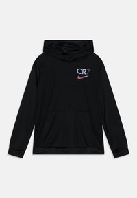 Sudadera negra de manga larga con capucha, bolsillo tipo canguro en el frente, texto "CR7" y el logo de Nike en rojo en el lado izquierdo del pecho.