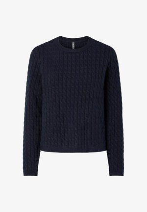 Jūras zilas krāsas džemperis ar adītu tekstūru, apaļu kakla izgriezumu, garām piedurknēm, kā arī ribotiem aprocēm un apakšmalu. Izgatavots no mīksta auduma.