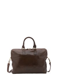 Sac en cuir marron avec une texture lisse, deux poignées supérieures, une bandoulière détachable et des accents cousus le long des bords.