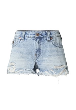 Shorts vaqueros en azul claro con un acabado desgastado, con dobladillos deshilachados, varias roturas y detalles de botones plateados en la cintura.