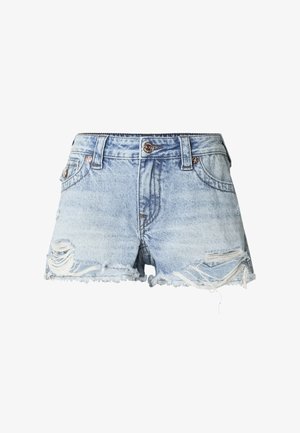 Denim shorts in light blue with a distressed finish, featuring frayed hems, several rips, and silver-button detailing at the waist.