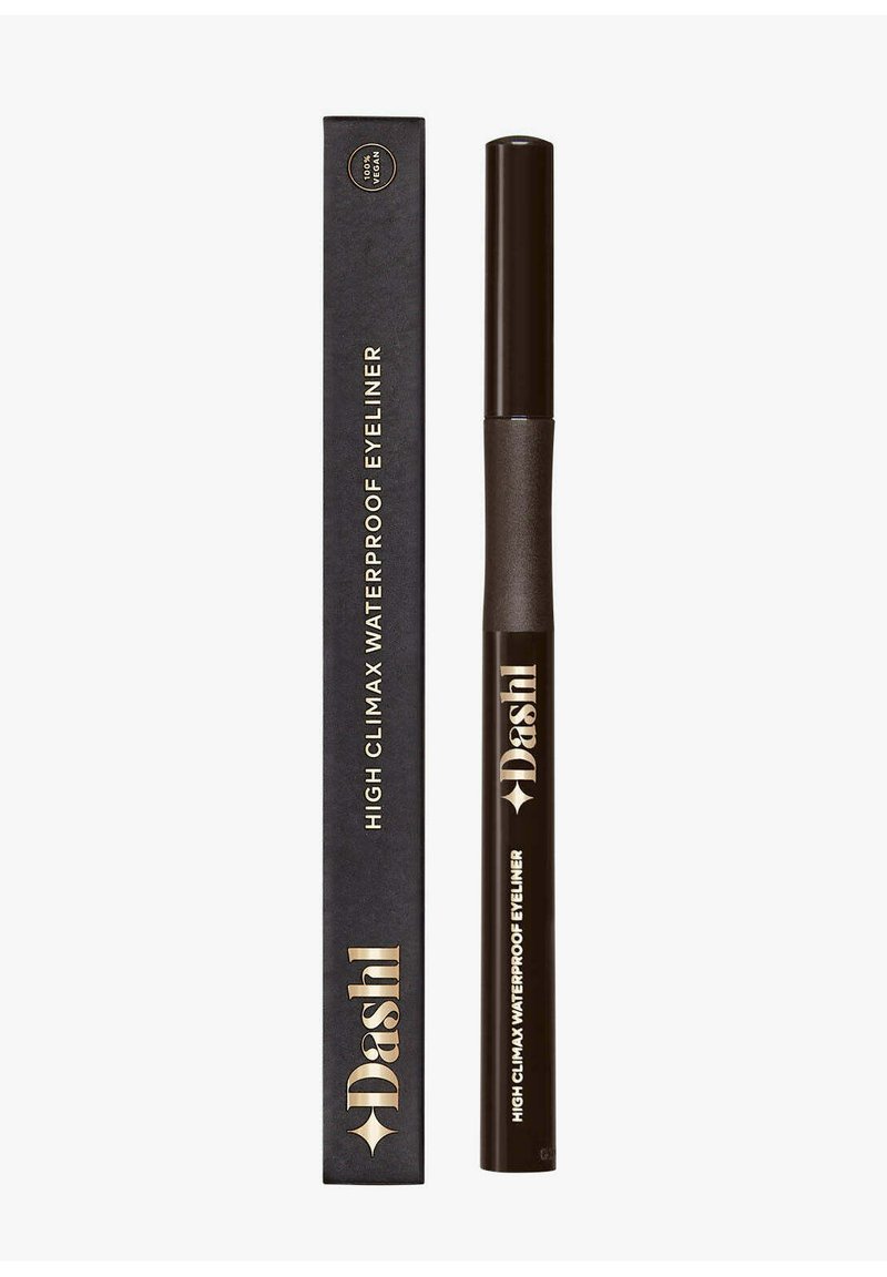 Brauner, wasserdichter Eyeliner in einem schlanken Stiftdesign. Begleitet von einer Box mit goldener Schrift auf schwarzem Hintergrund, die Produktdetails angibt.