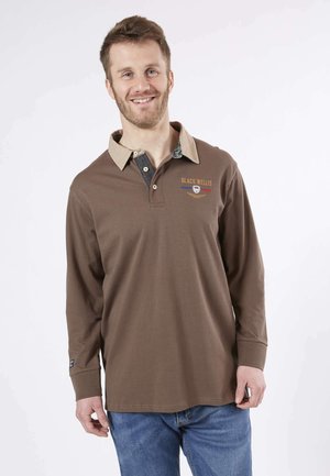Polo à manches longues marron avec un col beige contrastant et une doublure intérieure décorative. Présente un logo brodé sur la poitrine.
