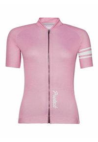 Ružový cyklistický dres s krátkym rukávom a predným zipsom, ktorý má biele pruhované akcenty na rukávoch a logo na spodnej prednej časti.