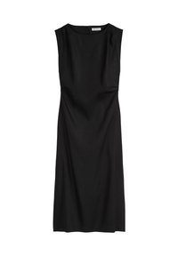 Schwarzes ärmelloses Kleid mit rundem Ausschnitt, figurbetonter Silhouette und Reißverschluss auf der Rückseite. Glatter Stoff ohne sichtbare Muster oder Akzente.