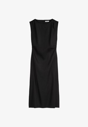 Schwarzes ärmelloses Kleid mit rundem Ausschnitt, figurbetonter Silhouette und Reißverschluss auf der Rückseite. Glatter Stoff ohne sichtbare Muster oder Akzente.