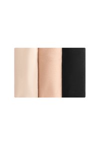 Drie stofmonsters: lichtbeige, zachtroze en matzwart. Elk heeft een gladde textuur en een consistente kleur over het gehele oppervlak.