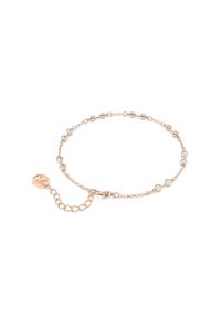 Pulsera de oro rosa con cristales brillantes distribuidos uniformemente a lo largo de una delicada cadena, con un cierre seguro y una cadena de extensión para ajustar la longitud.