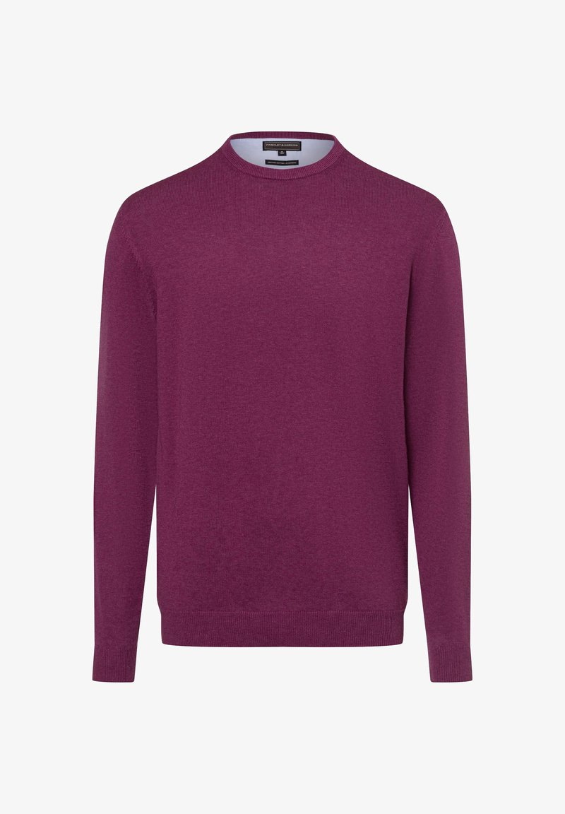 Pullover-Sweater in tiefem Lila, mit rundem Ausschnitt, langen Ärmeln, gerippten Bündchen und Saum, aus strukturiertem Strickstoff.