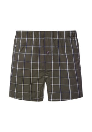 Donker groene boxershorts met een ruitpatroon dat witte en blauwe lijnen bevat. Elastische tailleband met een enkele knoopsluiting aan de voorkant.
