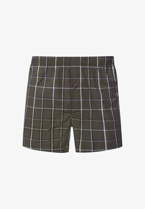 Boxershorts in Dunkelgrün mit einem Karomuster, das weiße und blaue Linien enthält. Elastischer Bund mit einem einzelnen Knopfverschluss vorne.