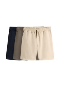 Drei Paar legere Shorts: dunkelblau, hellbeige und hellgrau. Mit elastischem Bund und Kordelverschluss. Weicher Stoff.