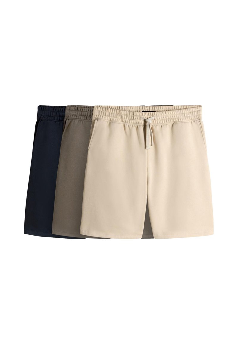 Drei Paar legere Shorts: dunkelblau, hellbeige und hellgrau. Mit elastischem Bund und Kordelverschluss. Weicher Stoff.