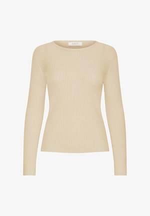 Beige, geripptes Langarmoberteil mit runder Ausschnitt und taillierter Silhouette, auf weißem Hintergrund präsentiert.