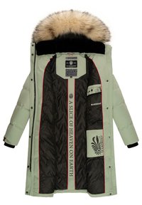 Light green padded jacket with fur-trimmed hood. Interior features black lining with red accents and printed text. Includes front pockets.