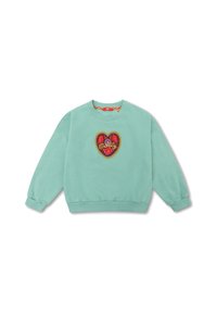 Mintgroene sweatshirt met raglanmouwen, ribgebreide manchetten en onderrand. Bevat een gekleurde geborduurde hartvorm met bloemdetails.