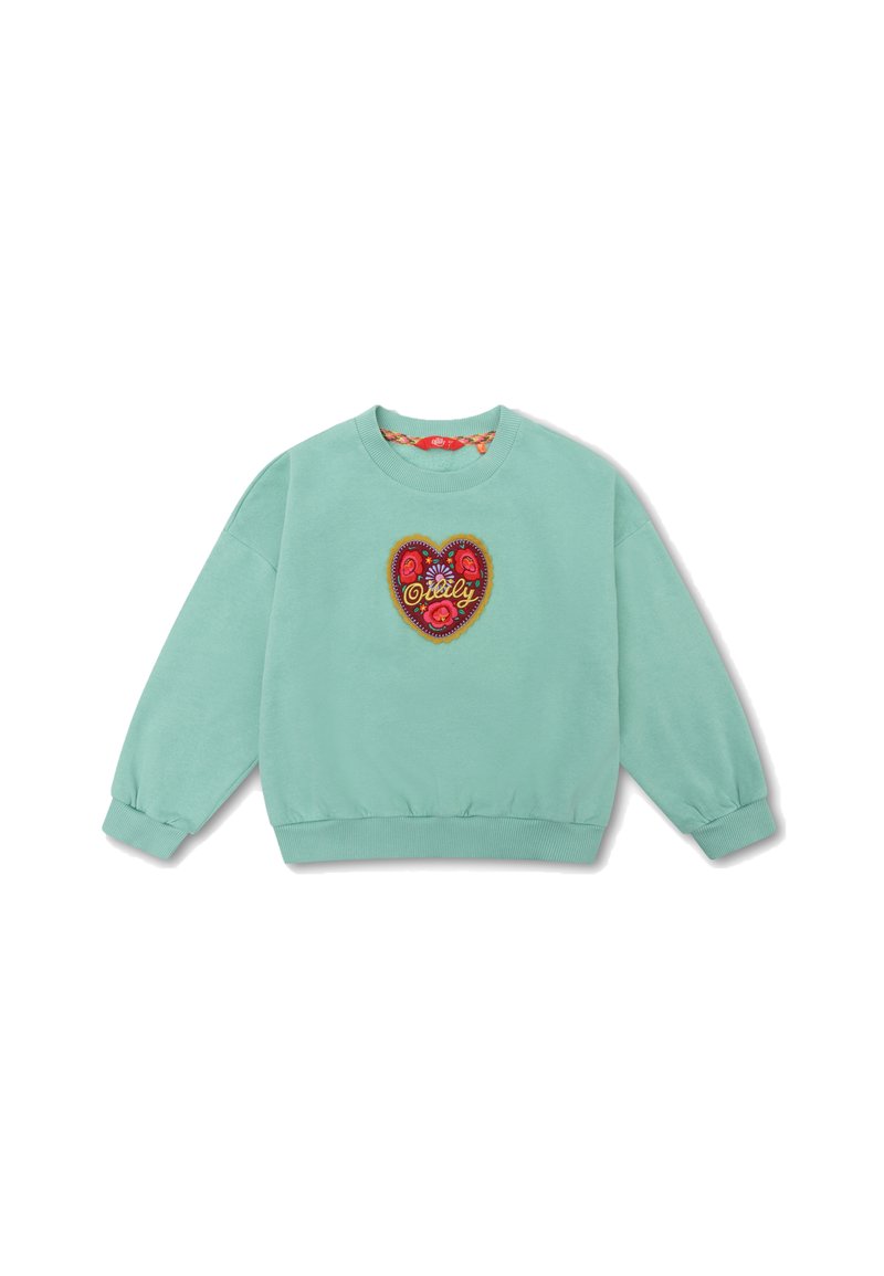 Mintgroene sweatshirt met raglanmouwen, ribgebreide manchetten en onderrand. Bevat een gekleurde geborduurde hartvorm met bloemdetails.