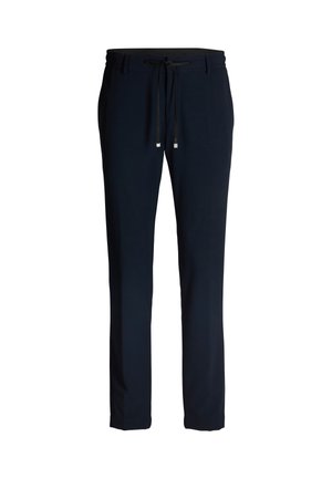Pantalons bleu marine en tissu doux, dotés d'une taille élastique avec cordon de serrage, coupe slim, sans motifs ni accents visibles.