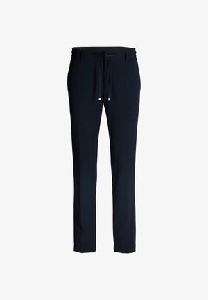 Hose in Marineblau aus weichem Stoff, mit einem elastischen Bund und Kordelzug, schmal geschnitten und ohne sichtbare Muster oder Akzente.