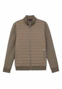 Beige jakke med quiltet front og glatte ærmer. Har en opretstående krave, sølv lynlås og sidelommer. Strukturerede stofdetaljer.