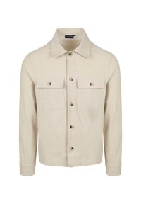 Lichtbeige button-up shirt van gestructureerde stof. Heeft twee borstzakken, een gespreide kraag en knoopmanchetten.