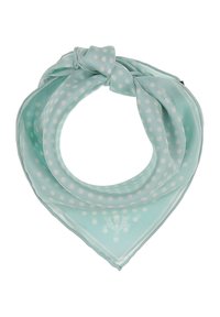 Écharpe bleu clair avec des pois blancs, en forme triangulaire, texture satin lisse, présentant un petit motif floral à l'extrémité.