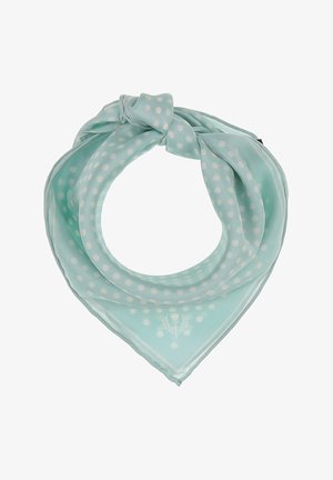 Helles blaues Tuch mit weißen Polka-Dots, dreieckige Form, glatte Satinoberfläche, mit einem kleinen Blumenmuster an der Spitze.