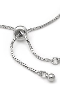 Silver metal necklace featuring a round bead slider and a square-link chain, with two adjustable chain lengths and polished finish.
