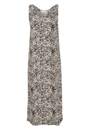 Udenærmet kjole med et beige og sort dyreprint design, med en afslappet pasform og glat tekstur. Lang længde med en buet udskæring.